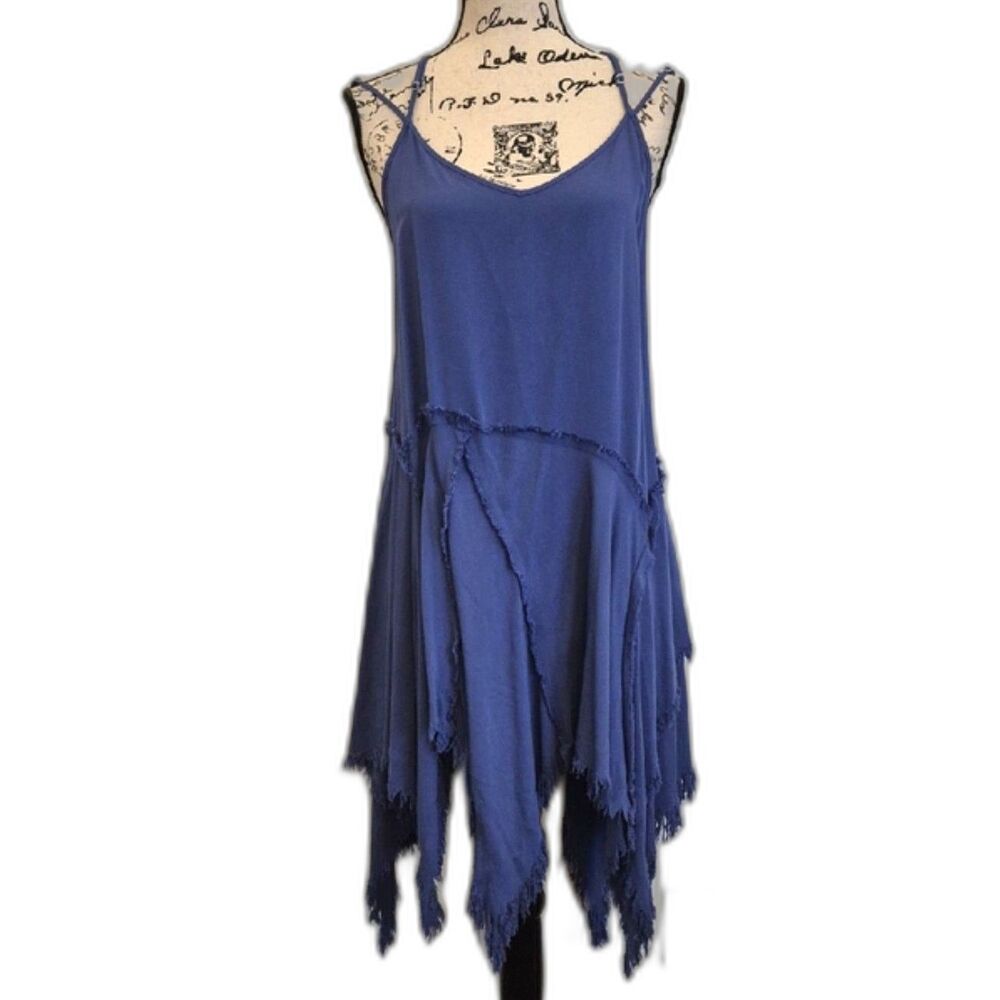 Sold! Intimately Free People Tattered Up Slip Dress M Blue Fringe Hem Boho